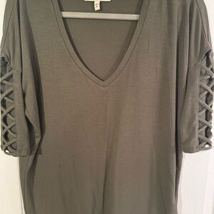 Express Women's Olive Green V-Neck Top with Lattice Sleeves Size Small